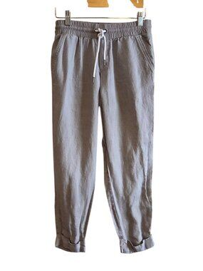 Gray Linen Elastic Waist Jogger Pants Drawstring Pockets Casual